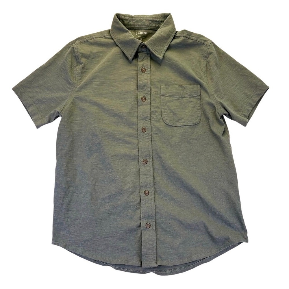 J.Crew Mens Re-Imagined Short Sleeve Button Down Shirt Olive Green Slub Cotton M